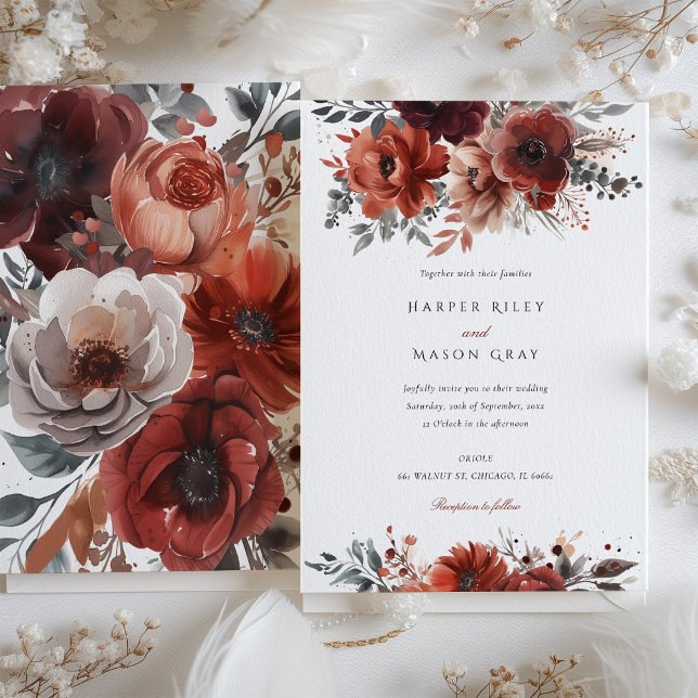 Invitación Elegante Marsala Watercolor Floral Boda (Subido por el creador)