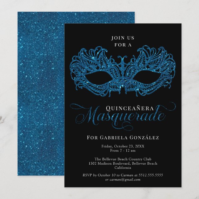 Invitación Elegante máscara azul de mascarada Quinceanera (Anverso / Reverso)