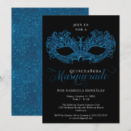 Invitación Elegante máscara azul de mascarada Quinceanera