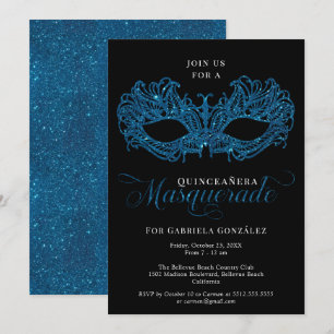 Invitación Elegante máscara azul de mascarada Quinceanera