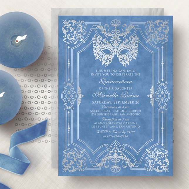 Invitación Elegante máscara azul de mascarada Quinceanera (Subido por el creador)