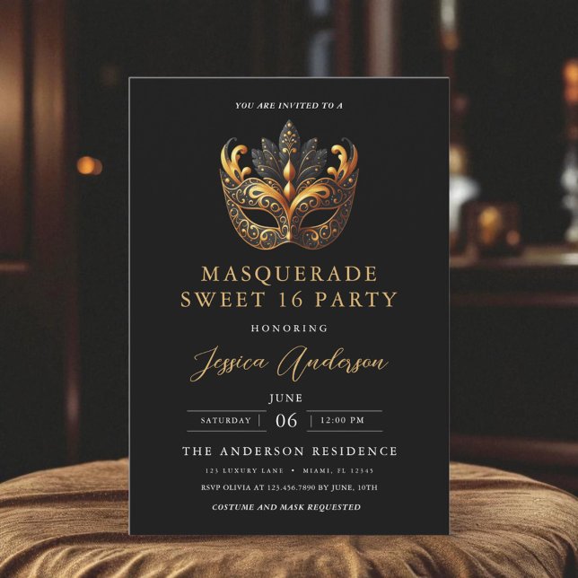 Invitación Elegante Máscara de Cumpleaños Dieciséis Negro y O (Subido por el creador)