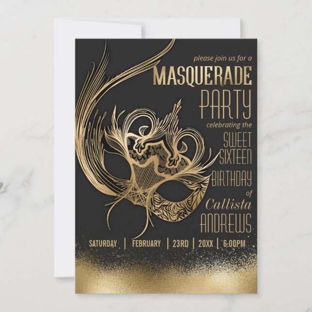 Invitación Elegante Máscara de Mascarada Negra de Oro Dulce (Anverso)