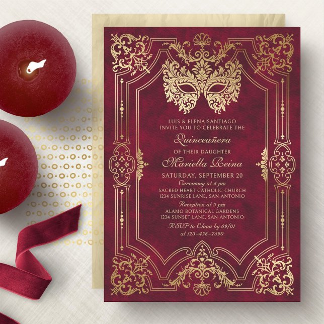 Invitación Elegante máscara de mascarada roja Quinceanera (Subido por el creador)