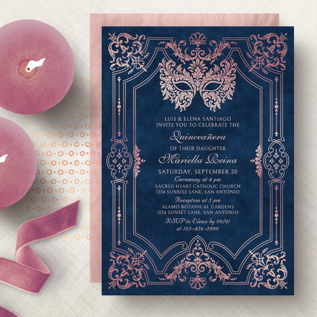 Invitación Elegante máscara de mascarada rosa Quinceanera (Subido por el creador)