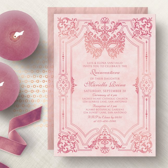 Invitación Elegante máscara de mascarada rosa Quinceanera (Subido por el creador)