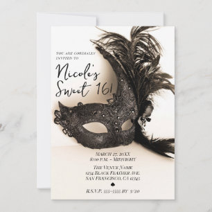 Invitación Elegante Máscara de Pluma Negra Cumpleaños Dulce 1