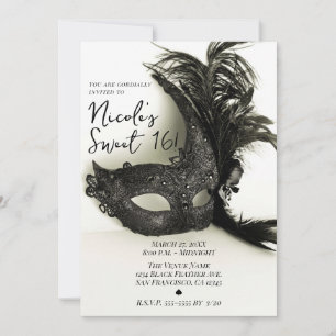 Invitación Elegante Máscara de Pluma Negra Salvia Dulces 16