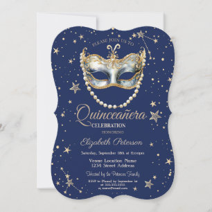 Invitación Elegante Máscara Estrellas Quinceañera Azul Marino