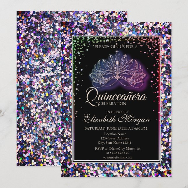 Invitación Elegante Máscara Moderna,Quinceañera de Diamantes  (Anverso / Reverso)
