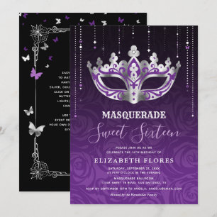 Invitación Elegante Máscara Morado Plata Dulces 16