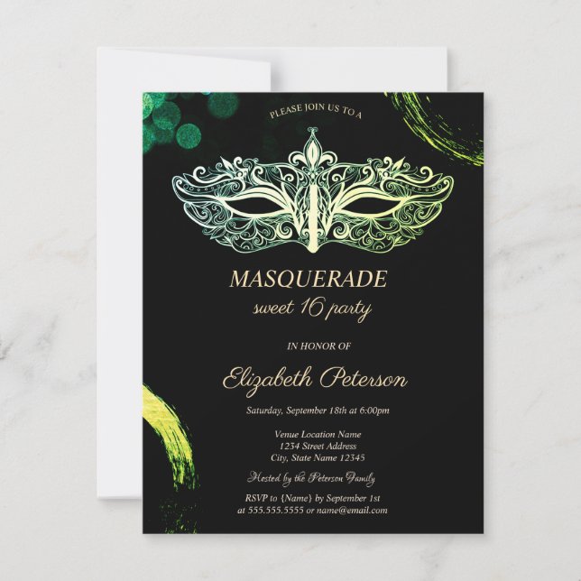 Invitación Elegante máscara negra de gala, dulce mascarada de (Anverso)
