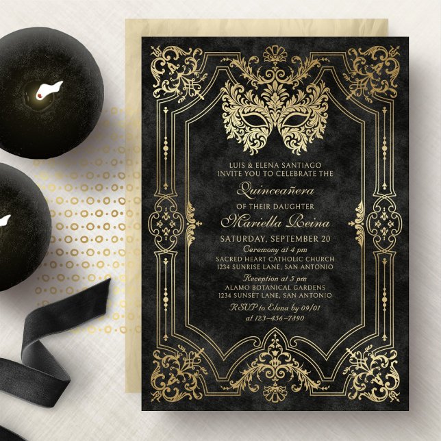 Invitación Elegante máscara negra de mascarada Quinceanera (Subido por el creador)