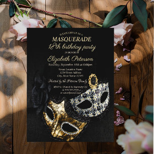 Invitación Elegante Máscara Negra, Máscara Cumpleaños 18