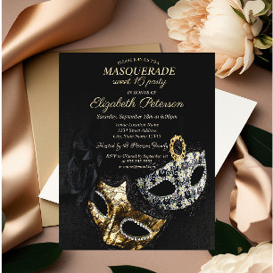 Invitación Elegante Máscara Negra, Máscara Cumpleaños Dulce 1