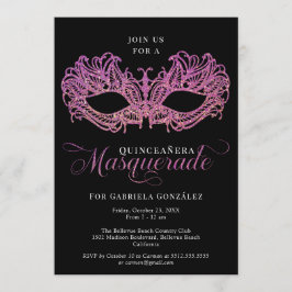 Invitación Elegante máscara rosada y dorada Quinceanera