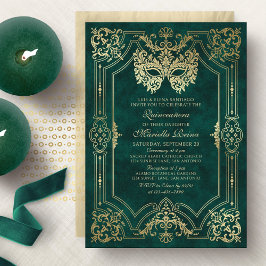 Invitación Elegante máscara verde de mascarada Quinceanera