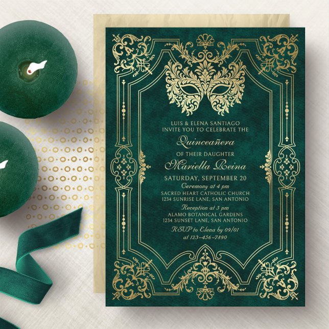 Invitación Elegante máscara verde de mascarada Quinceanera (Subido por el creador)