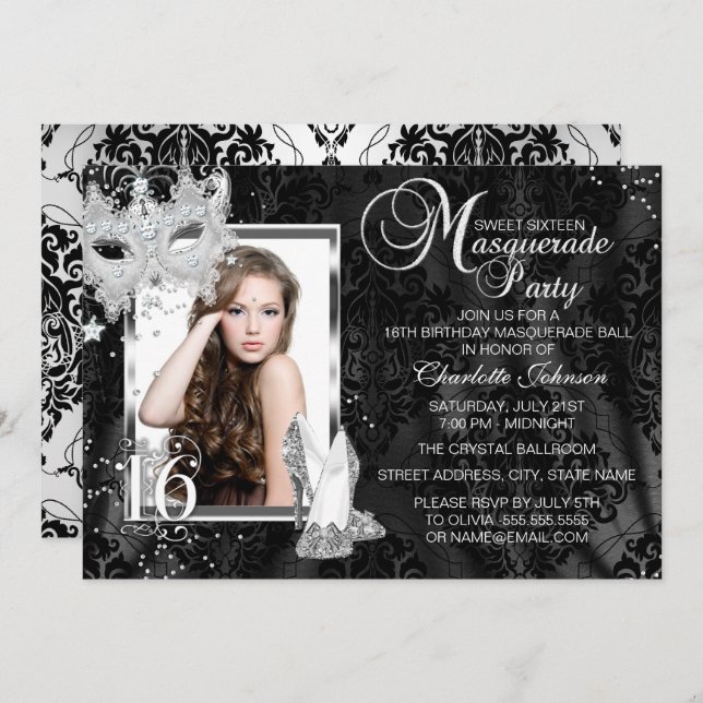 Invitación Elegante máscara y talones Masquerade Foto Dulce 1 (Anverso / Reverso)