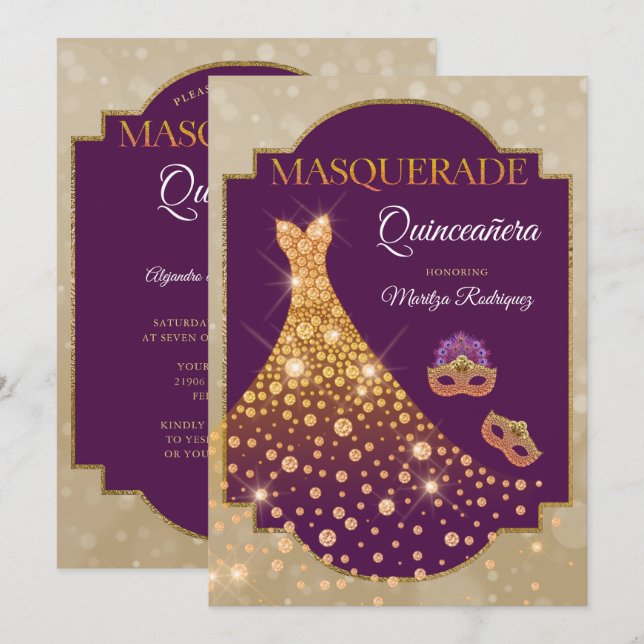 Invitación Elegante Mascarada de Diamante de Oro Púrpura Quin (Anverso / Reverso)