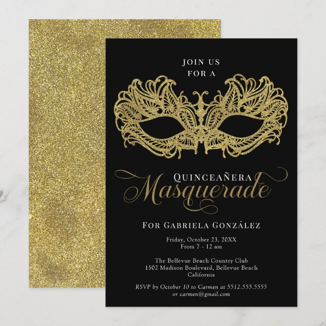 Invitación Elegante mascarada de oro Quinceanera (Anverso / Reverso)
