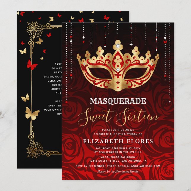 Invitación Elegante Mascarada de Oro Rosa Rojo Negro Dulce 16 (Anverso / Reverso)