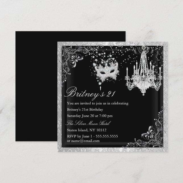 Invitación Elegante Mascarada de Plata Negra Invitada 21 (Anverso / Reverso)