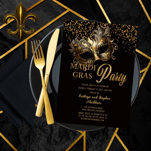 Invitación Elegante mascarada Máscara Mardi Gras Fiesta (Elegant Masquerade Mask Mardi Gras Party Invitation in Black and Gold Tone)