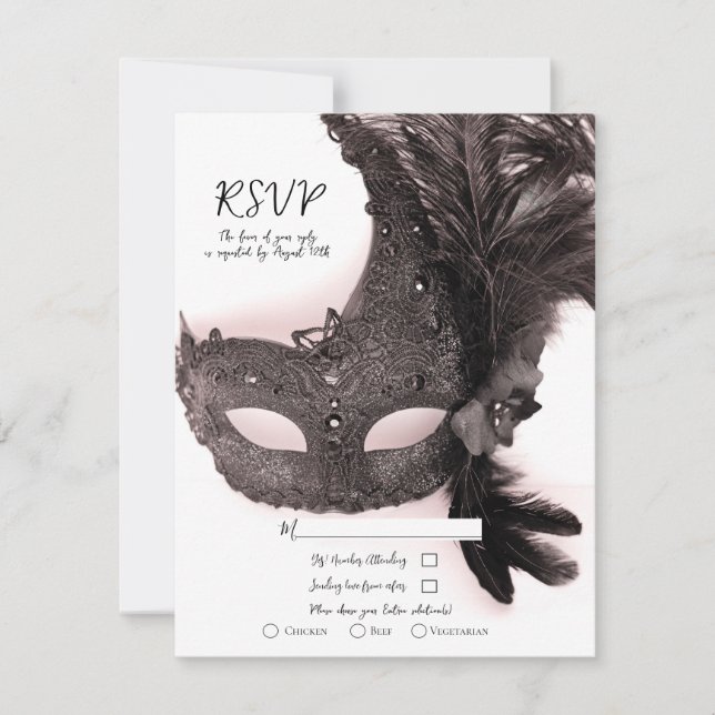 Invitación Elegante Mascarada Máscara Rubor Boda rosa RSVP (Anverso)