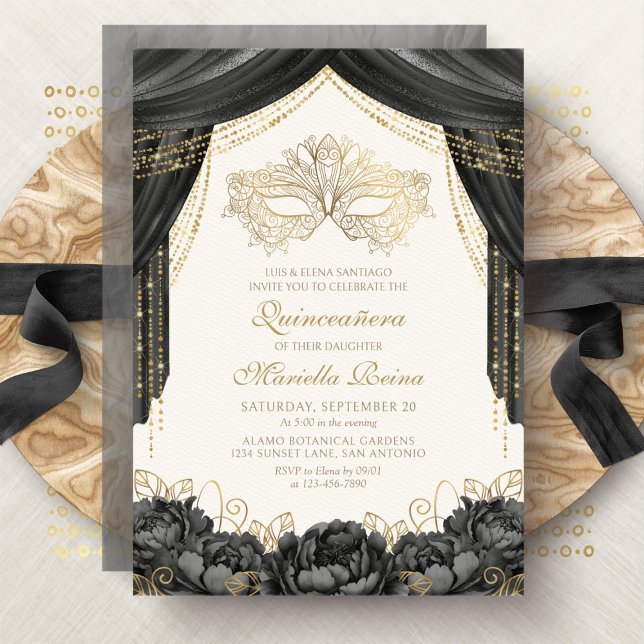 Invitación Elegante Mascarada Mascarada Negra Quinceanera (Subido por el creador)