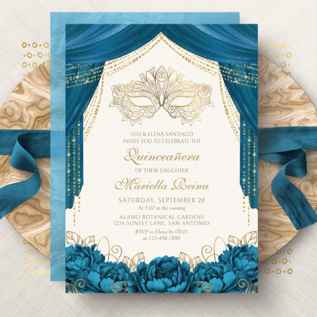 Invitación Elegante Mascarada Mascarada Verde azulada Quincea (Subido por el creador)