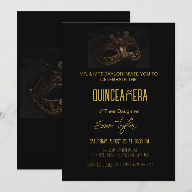 Invitación Elegante Mascarada Negra Quinceañera 15 cumpleaños (Anverso / Reverso)