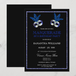 Invitación Elegante mascarada Purpurina azul 18 cumpleaños