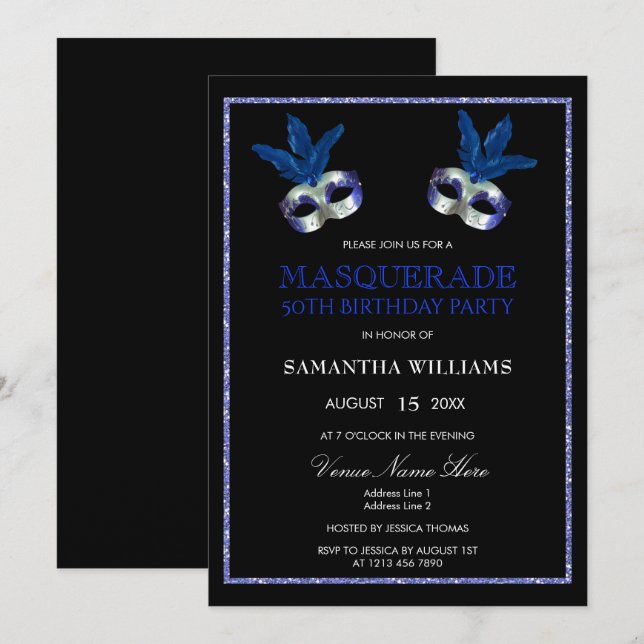 Invitación Elegante mascarada Purpurina azul 50 cumpleaños (Anverso / Reverso)