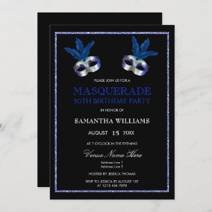 Invitación Elegante mascarada Purpurina azul 50 cumpleaños
