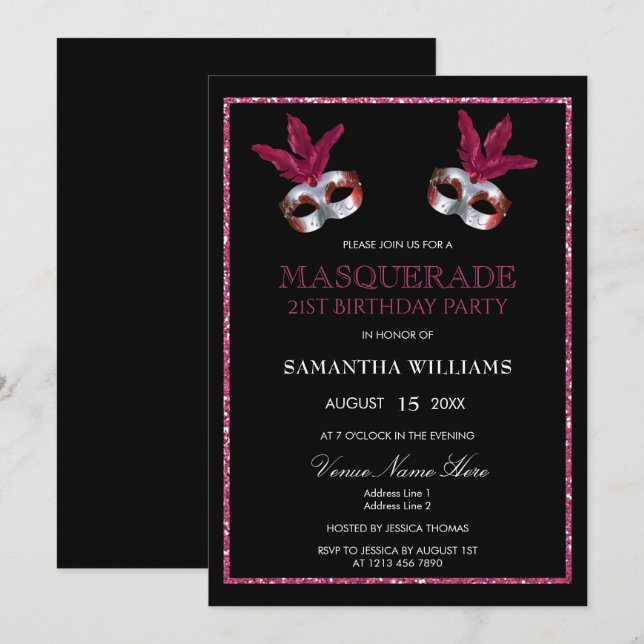 Invitación Elegante mascarada Purpurina rosa 21 cumpleaños (Anverso / Reverso)