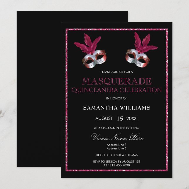 Invitación Elegante mascarada Purpurina rosa Quinceañera (Anverso / Reverso)