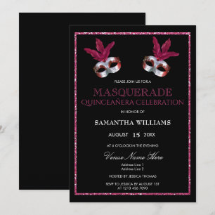 Invitación Elegante mascarada Purpurina rosa Quinceañera