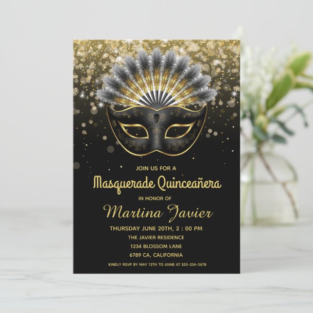 Invitación Elegante mascarada Quinceañera 15º cumpleaños (Anverso de pie)