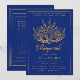 Invitación Elegante Mascarada Real Purpurina Azul Quinceañera