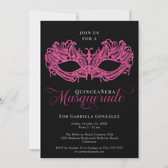Invitación Elegante mascarada rosada Quinceanera (Anverso)