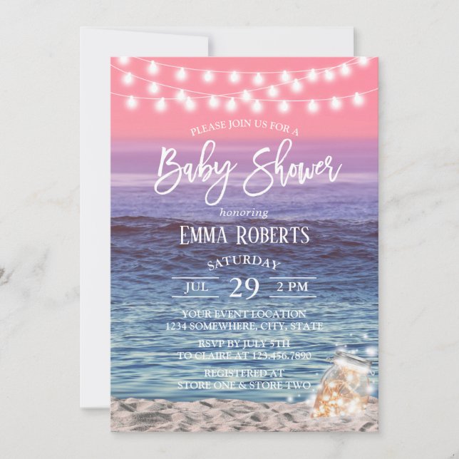 Invitación Elegante Mason Jar Lights Pink Beach Baby Shower (Anverso)