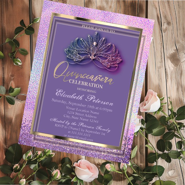 Invitación Elegante Masque Diamonds Holographic Quinceañera (Subido por el creador)