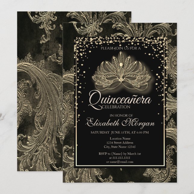 Invitación Elegante Masque Moderno Floral Damask Quinceanera (Anverso / Reverso)