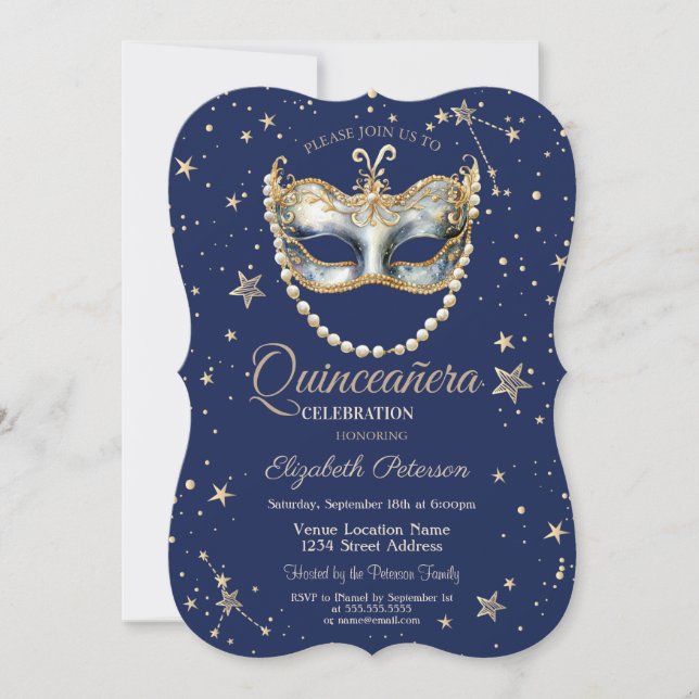 Invitación Elegante Masque Stars Marina Quinceanera Azul (Anverso)