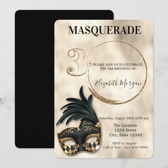 Invitación Elegante Masquerade Gold 30 cumpleaños (Anverso / Reverso)