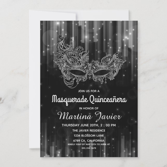 Invitación Elegante Masquerade Quinceañera Black 15 cumpleaño (Anverso)