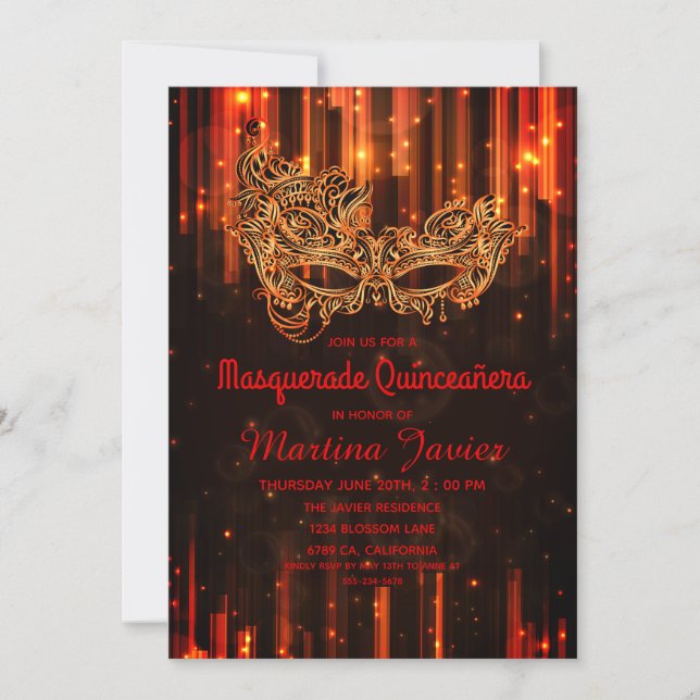 Invitación Elegante Masquerade Red Quinceañera 15º cumpleaños (Anverso)