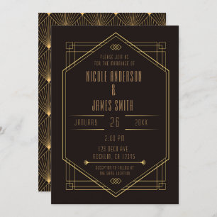 Invitación Elegante matrimonio Boda Art Deco de Oro Negro
