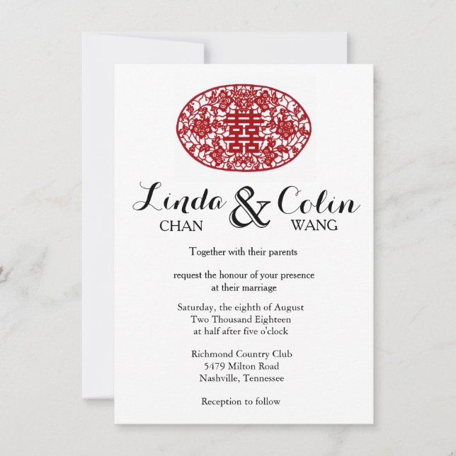 Invitación Elegante matrimonio chino de doble felicidad invit (Anverso)